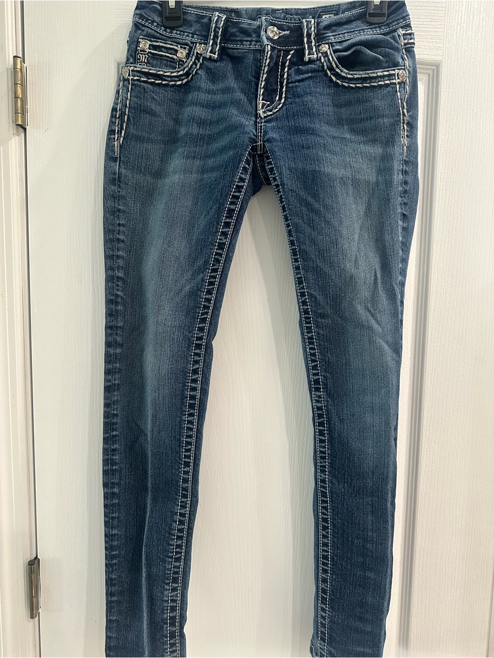 Miss Me Dark Indigo Skinny Jeans with White Stitching